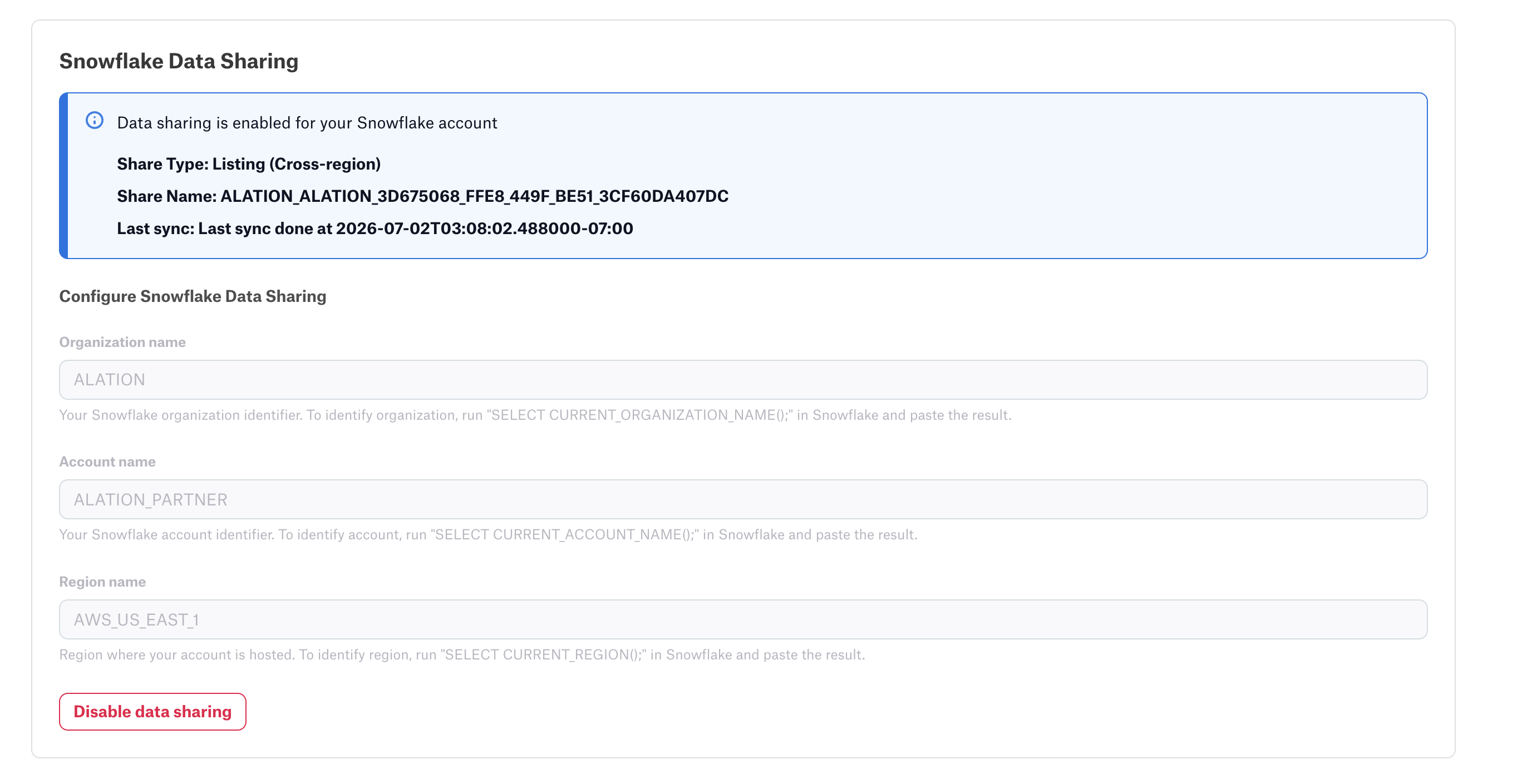 Snowflake Data Sharing section showing the Last sync timestamp