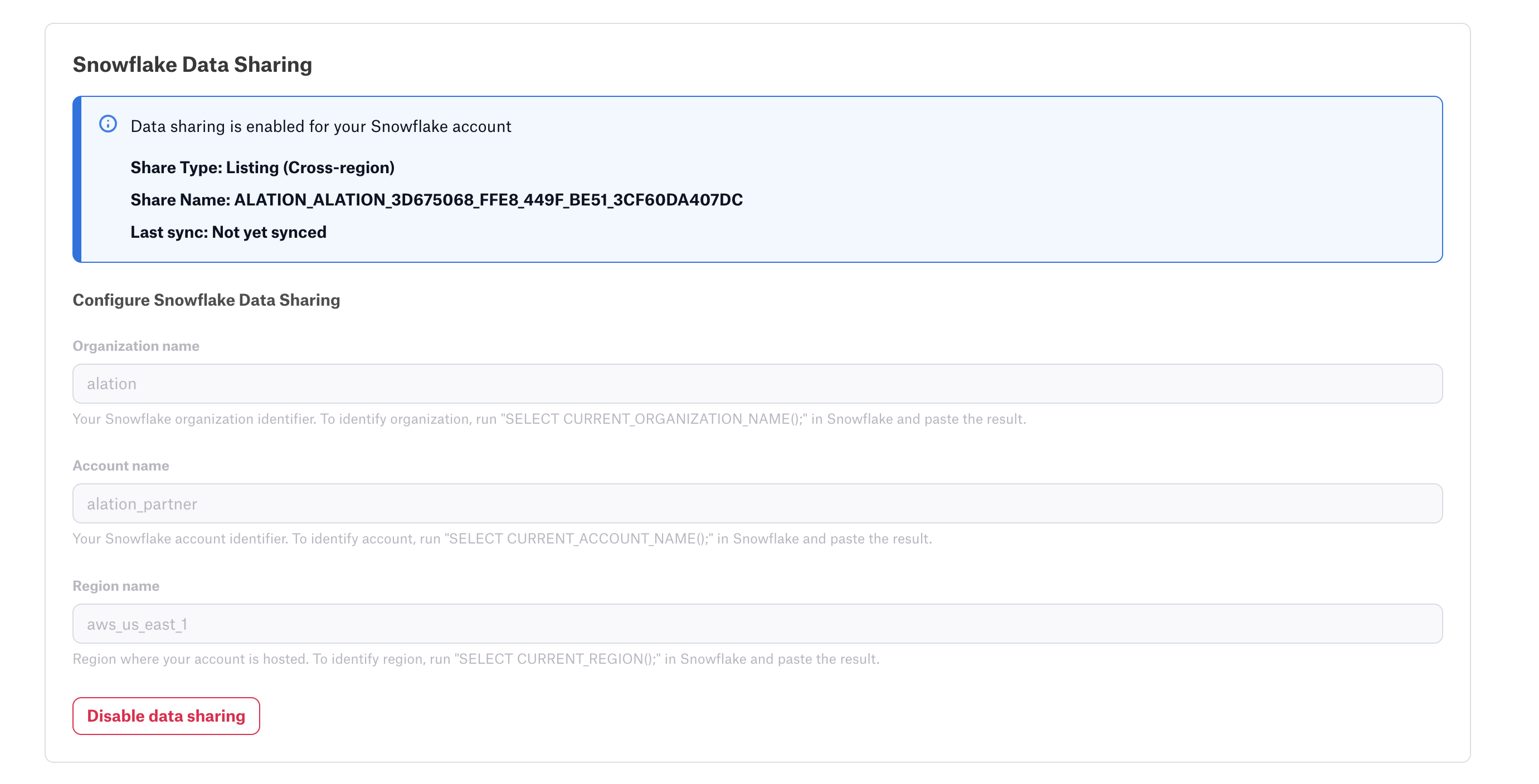 Snowflake Data Sharing section showing Last sync as Not yet synced