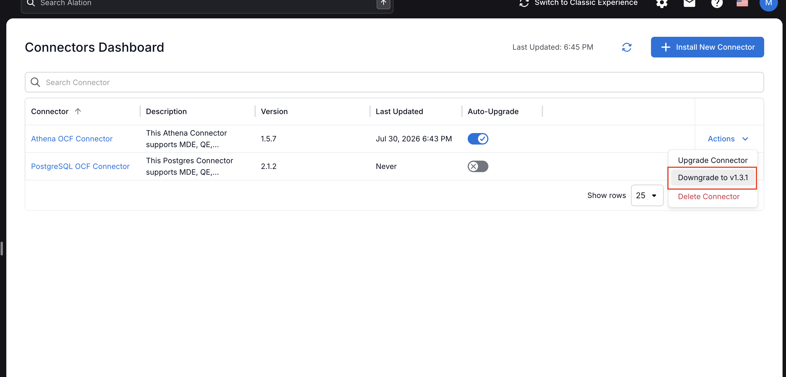 Connectors Dashboard Actions menu showing the Downgrade to v1.3.1 option.