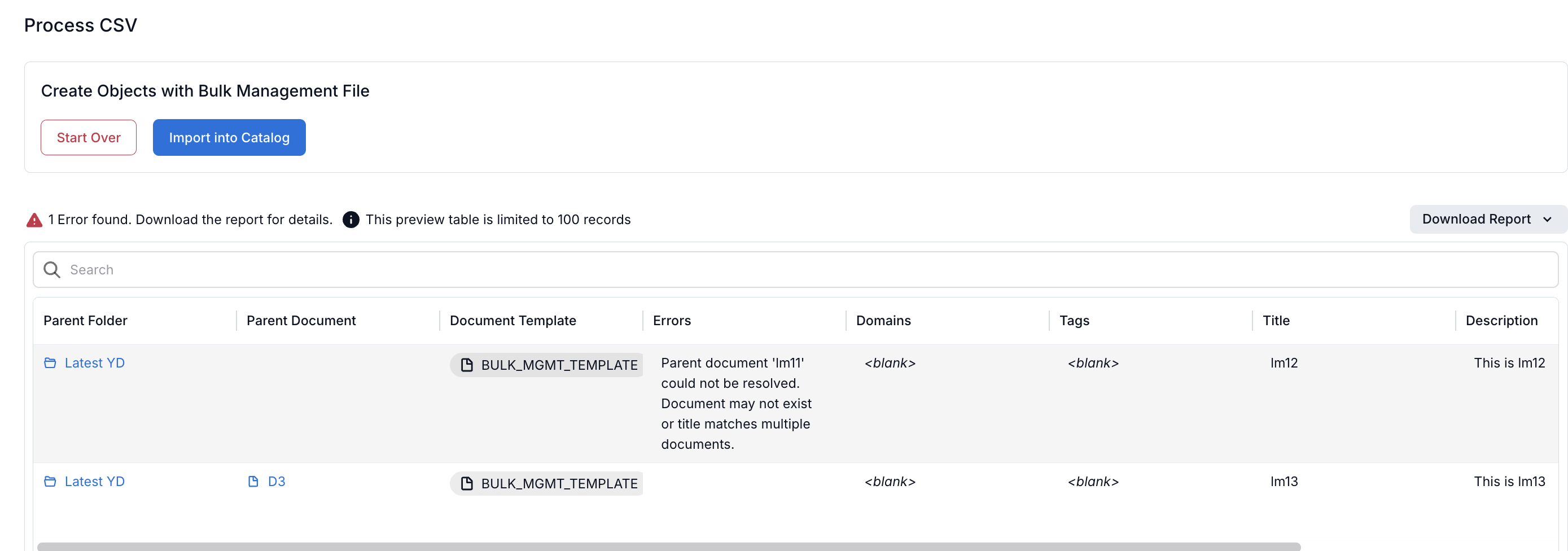 Preview showing the error message for the ambiguous parent document row and a successful row
