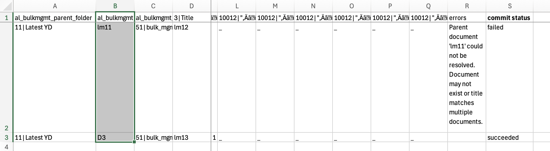 Commit report CSV showing failed status for the ambiguous parent document row and succeeded status for the valid row