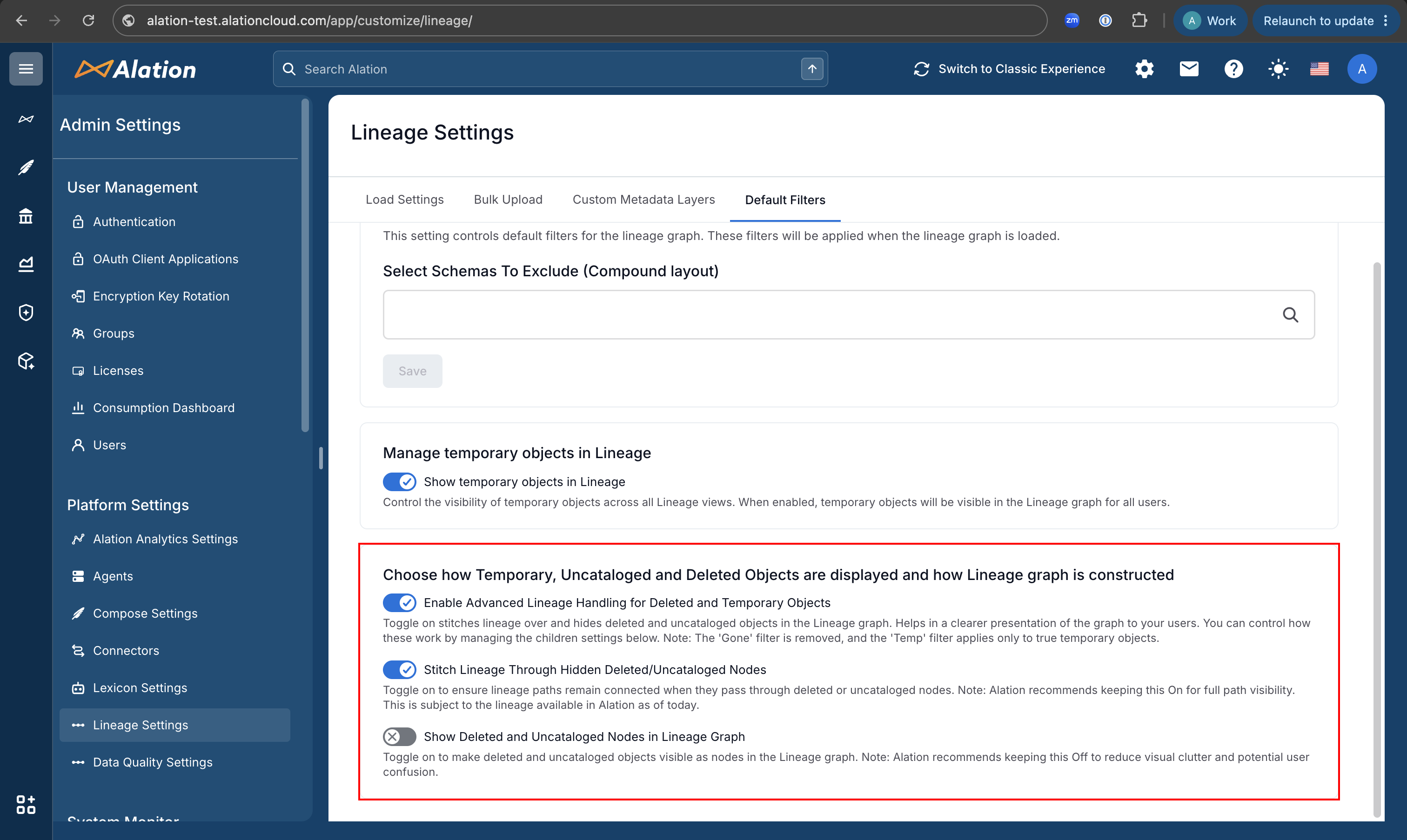 Lineage Settings page showing the three Advanced Lineage Handling toggles: Enable Advanced Lineage Handling, Stitch Lineage Through Hidden Deleted/Uncataloged Nodes, and Show Deleted and Uncataloged Nodes in Lineage Graph.